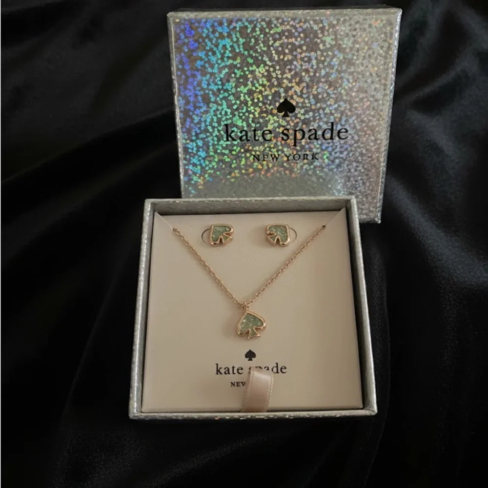 NWT/NIB Kate Spade Gold Necklace and Earrings (Glitter Opal)